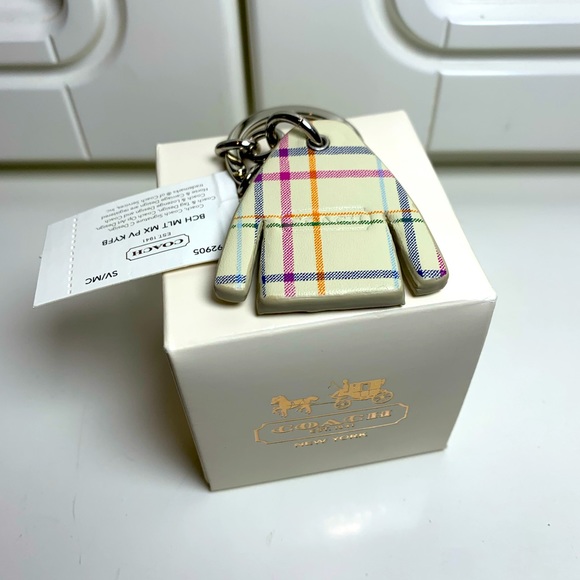 🌿NEW COACH Tattersal Plaid Coat Peacoat Leather Keychain Keyring Key FOB - Picture 2 of 2